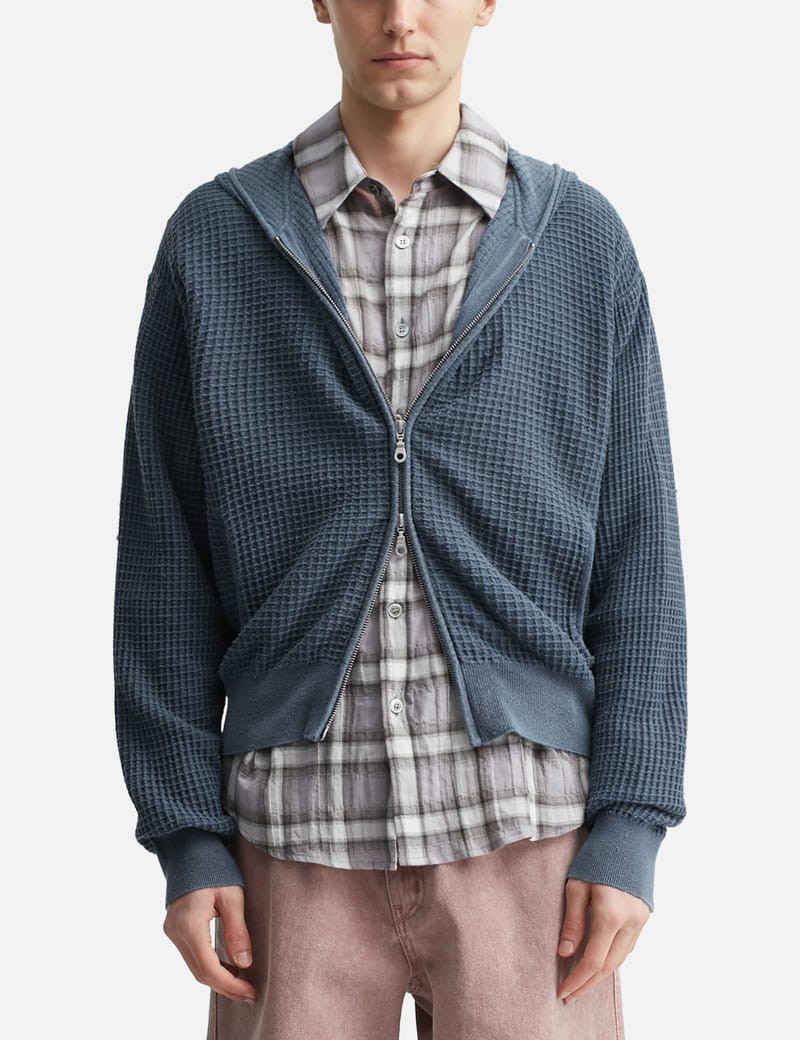 COOR Waffle Cotton Color Dyed Hoodie Zip-up - Washed Navy waffle