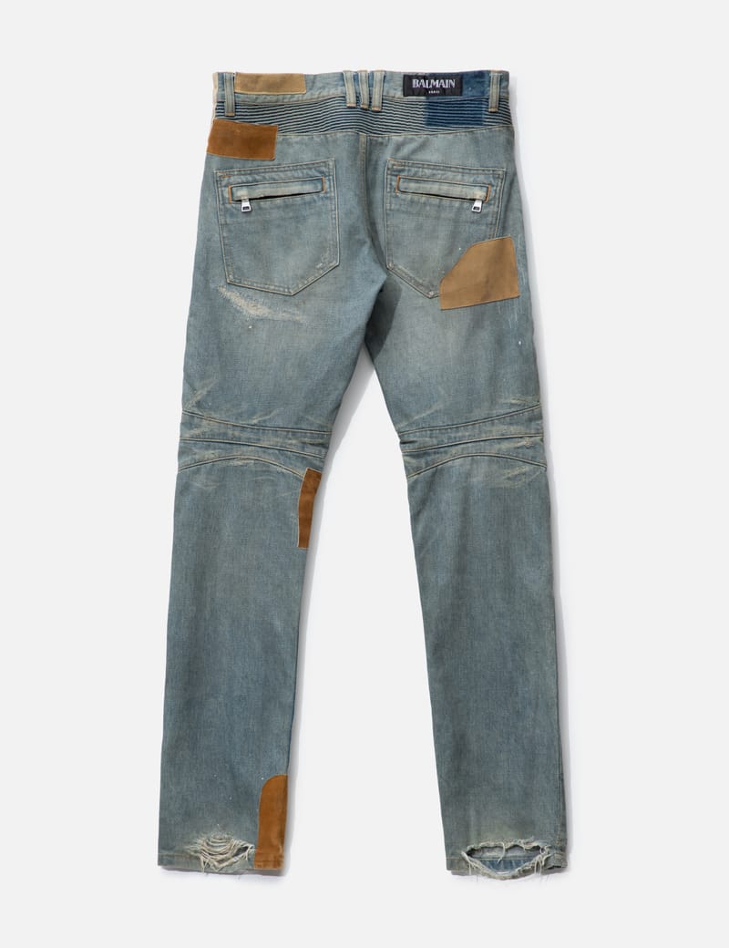 Balmain Biker Denim - Distressed blue biker jeans with oxidized
