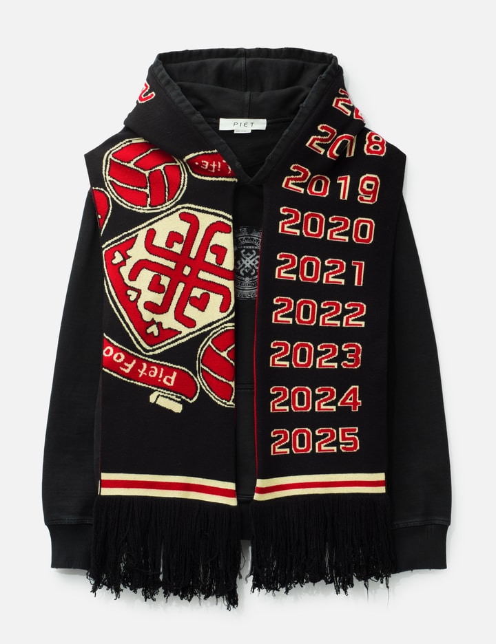 Piet PIET F.C. Scarf Hoodie in Vintage Black with integrated scarf and graphic prints
