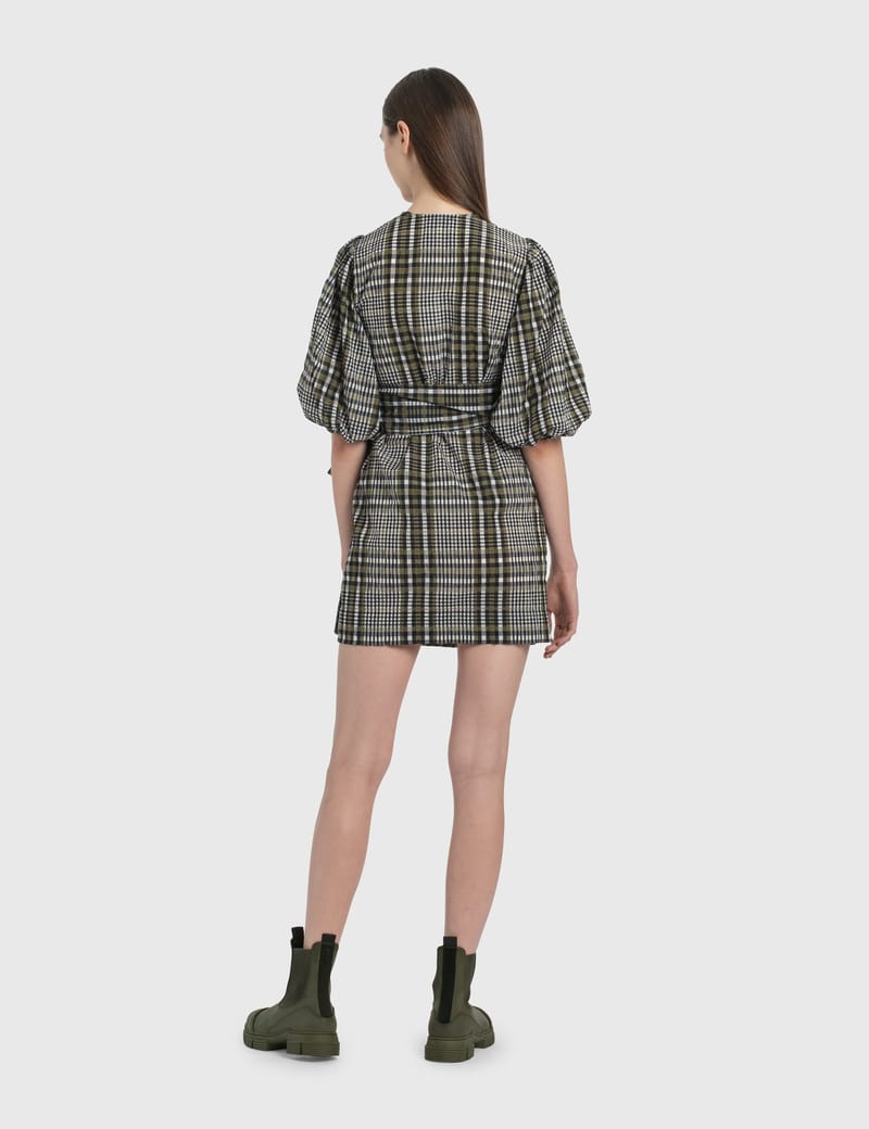 【関税＆送料込み】Ganni Dress Soft Chambray Blue Seersucker Check Mini Smock Dress | GANNI US