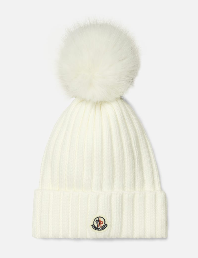 Moncler - WHITE WOOL BEANIE WITH POM POM | HBX