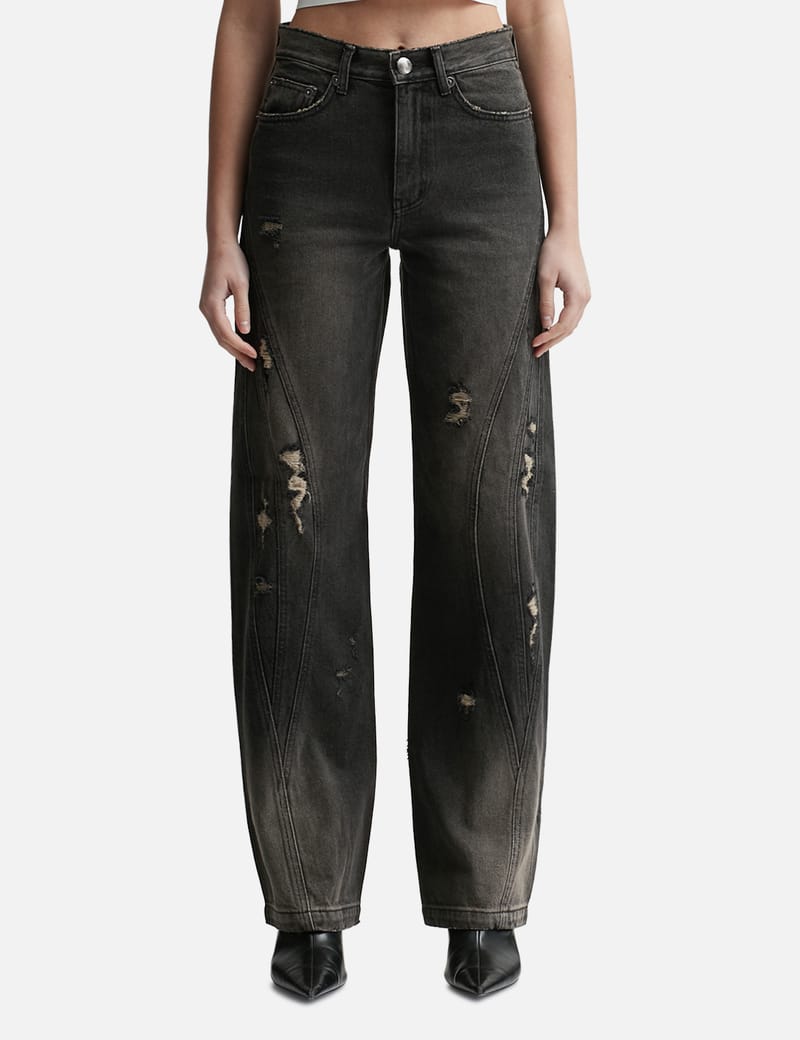 【KOOLOSET】Trimming Destroyed Black Denim TOWMUS Mens Jeans Bootcut Mens Black Stacked Jeans Slim Fit