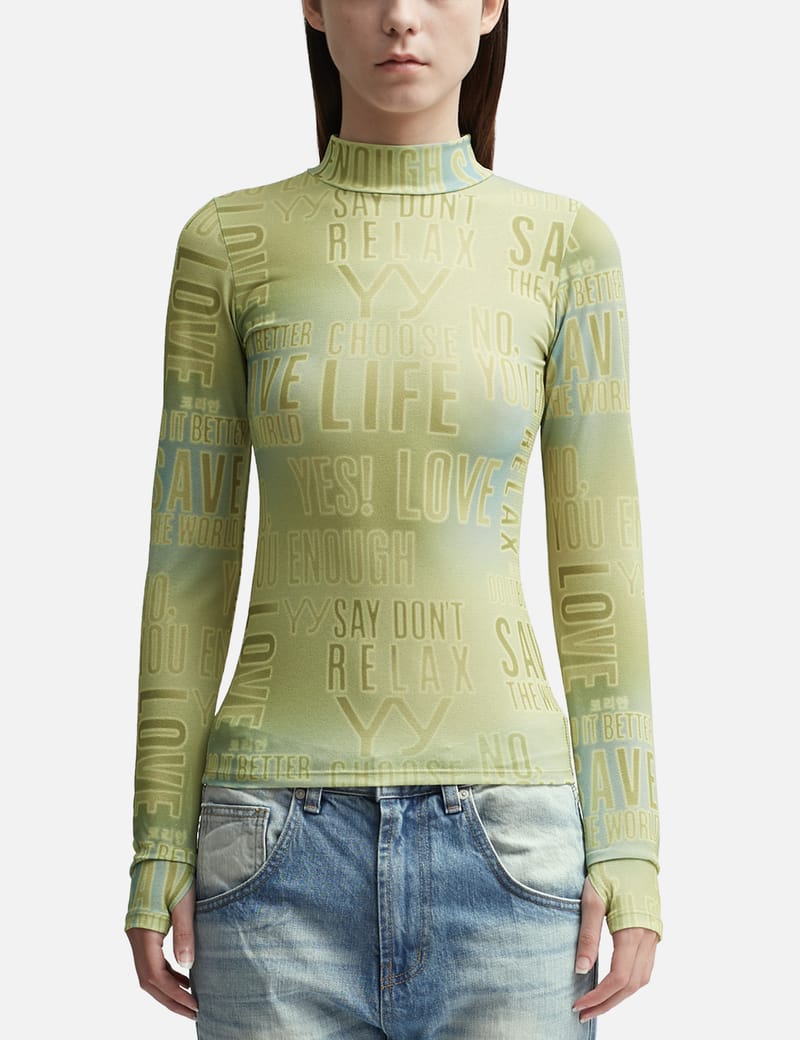 トップス OPEN YY RIBBON PRINT MESH TOP 5BNY223 Brown Ribbon Print Mesh Long Sleeve T-shirt by OPEN YY on Sale