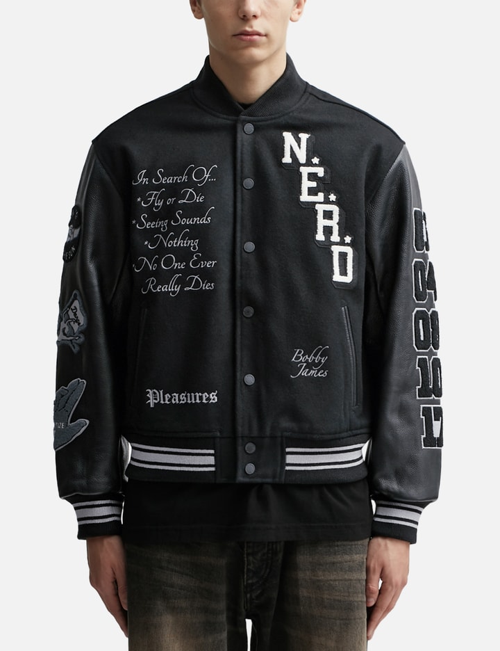 Pleasures - NERD VARSITY JACKET | HBX - Globally Curated Fashion and ...