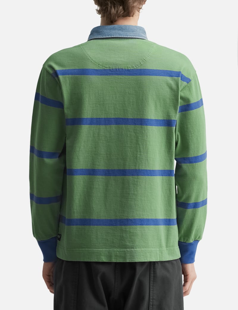 Gramicci Langdon Rugby Shirt - オリーブ/ブルーの綿製レギュラー