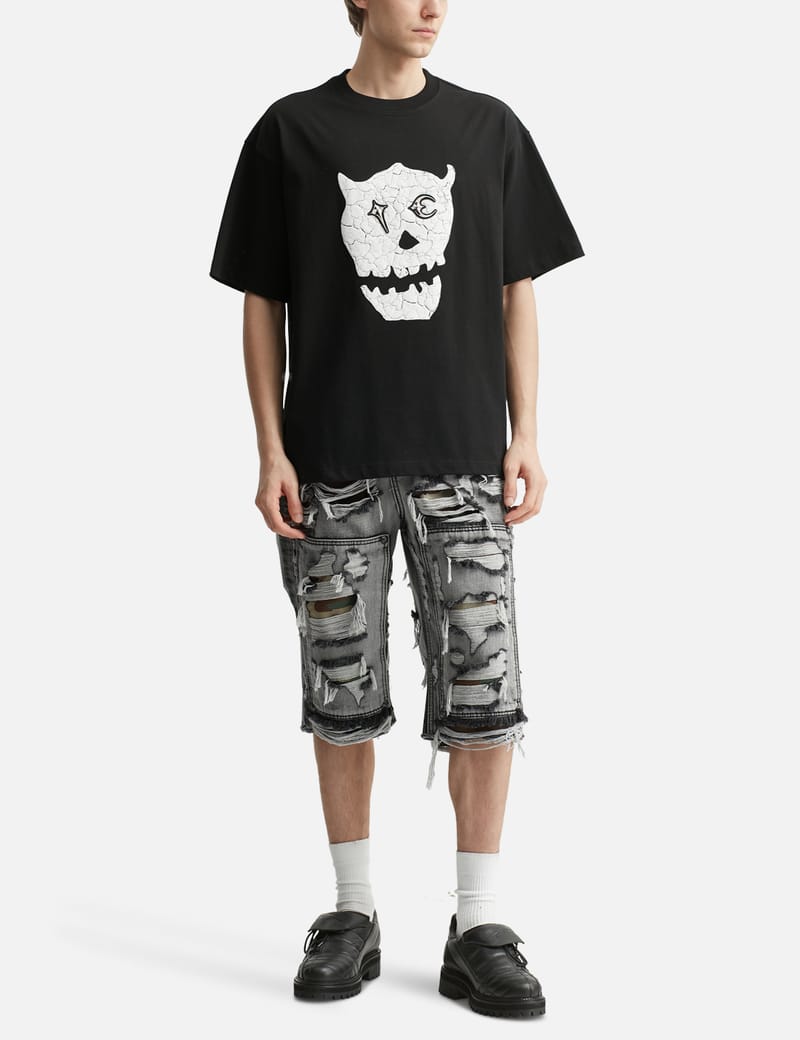 THUG CLUB TC Skull T-Shirt - Oversized black tee with cracked
