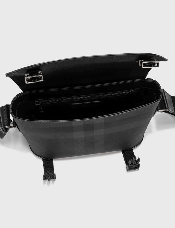 Burberry CHARCOAL CHECK AND LEATHER SMALL MESSENGER BAG HBX