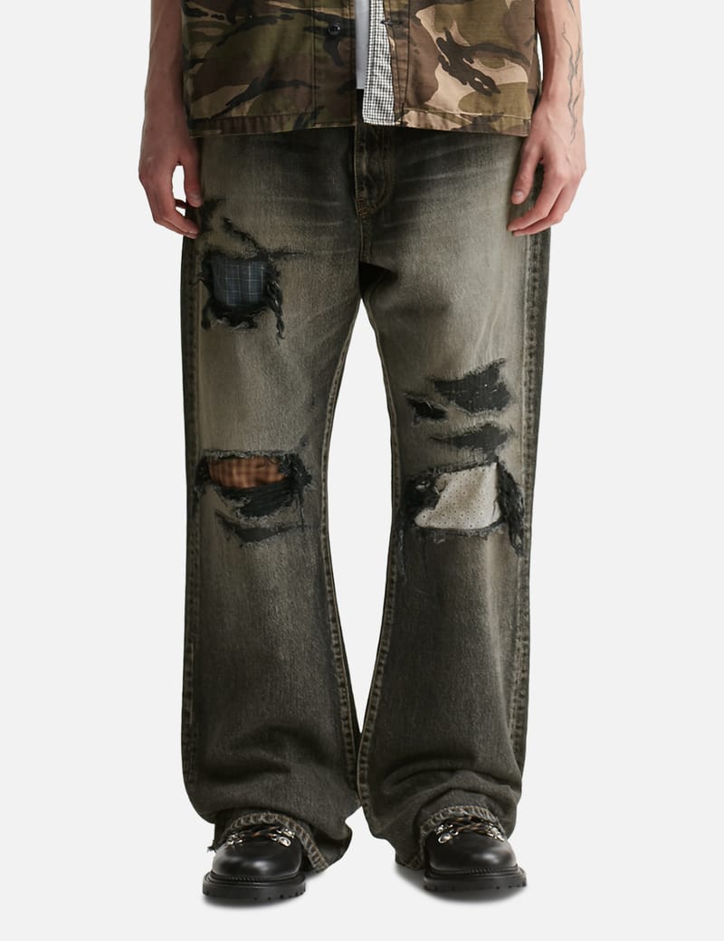 KHOKI Fated Memory Denim Pants - 異素材コンビのダメージ加工デニム