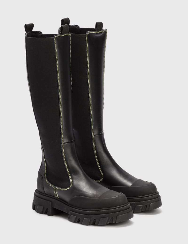 Black Black Stitch Cleated High Chelsea Boots | GANNI US