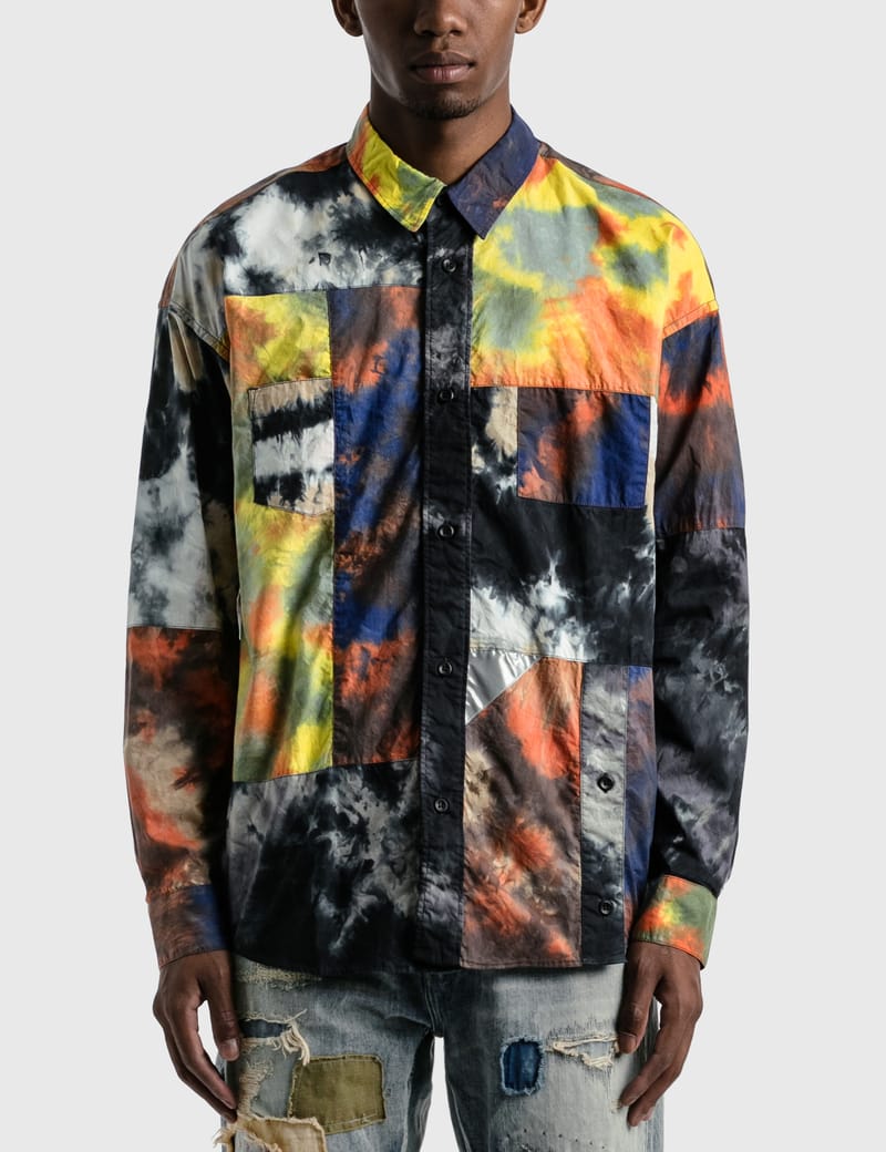 FDMTL - Rinse Tie Dye Boro Patchwork Shirt | HBX - Globally