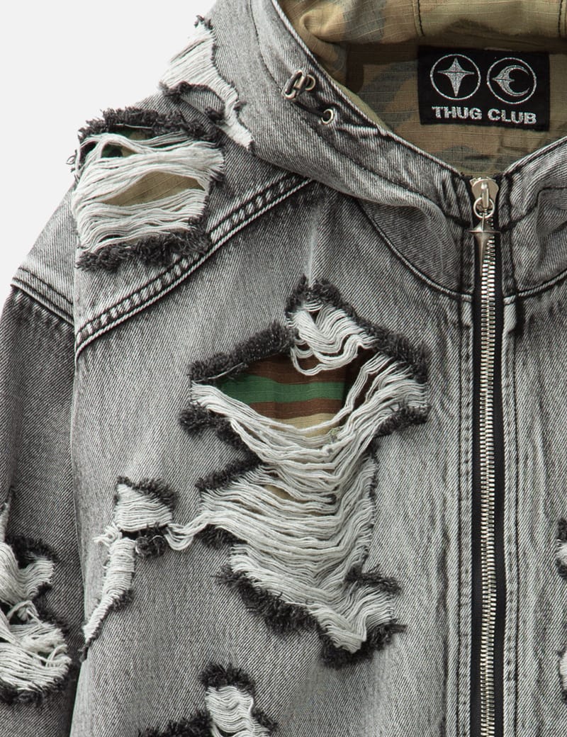 THUG CLUB Hell Denim Camo Hooded Zip-up - Washed black denim