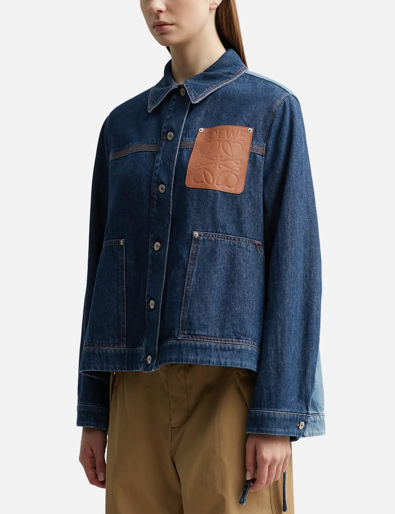 Leather-trimmed Two-tone Denim Jacket In Blue