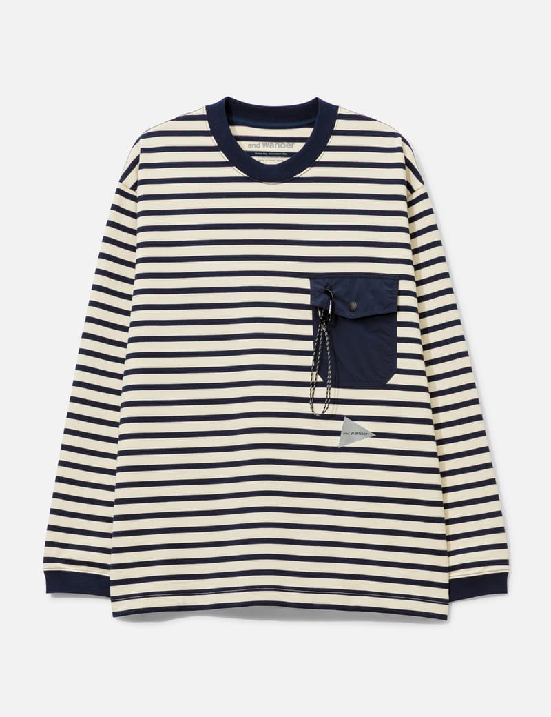 and wander ストライプ ポケット ロングスリーブ Tシャツ - カラビナ