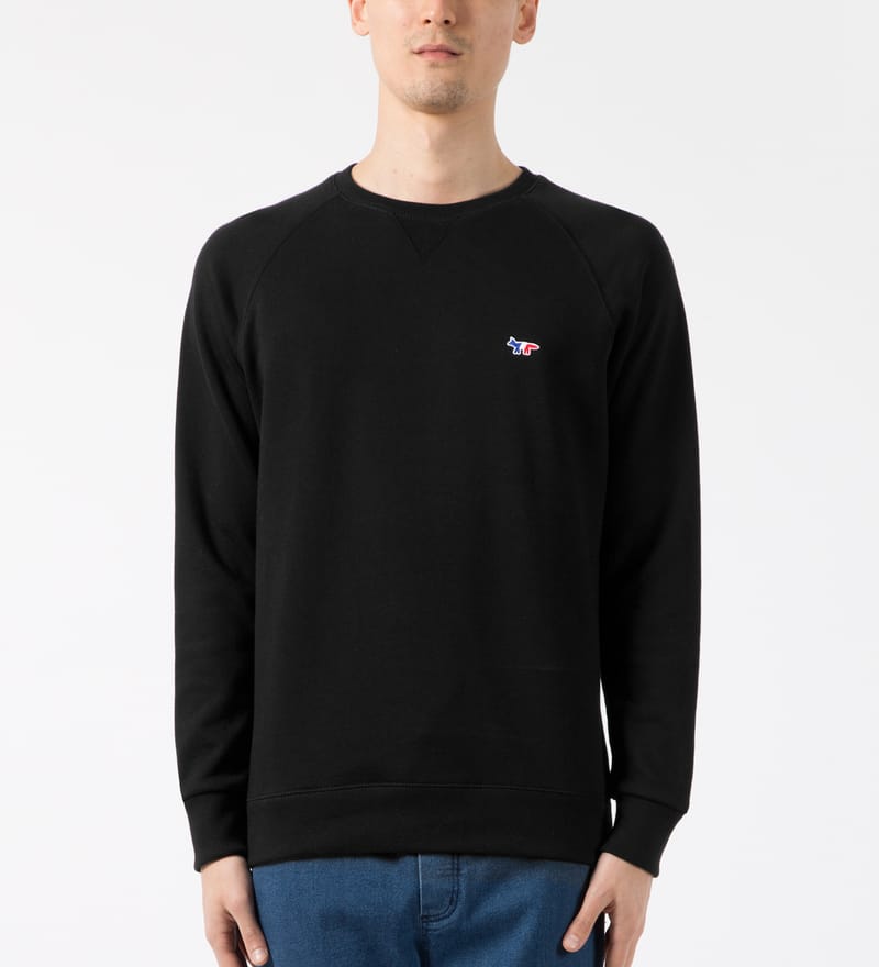 Maison Kitsuné - Black R-neck Sweater with Tricolor Fox Patch