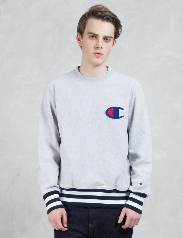 Champion Reverse Weave - Contrast Ribbed Sweatshirt with Applique Logo ...
