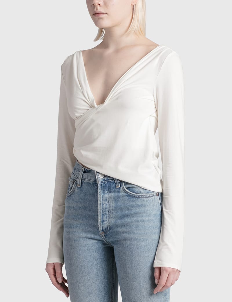 【美品】BULKY LINE HALF SLEEVE TOPS ホワイト selma-long-sleeve-top-silver-