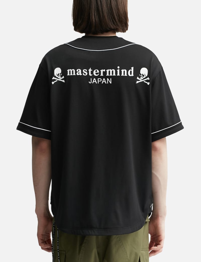 【新品】  mastermind JAPAN / マスターマインドジャパン | × MITCHELL&NESS AUTHENTIC WOOL JERSEY / ストライプ ベースボール シャツ | L | Black | メンズTシャツ/カットソー(半袖/袖なし)