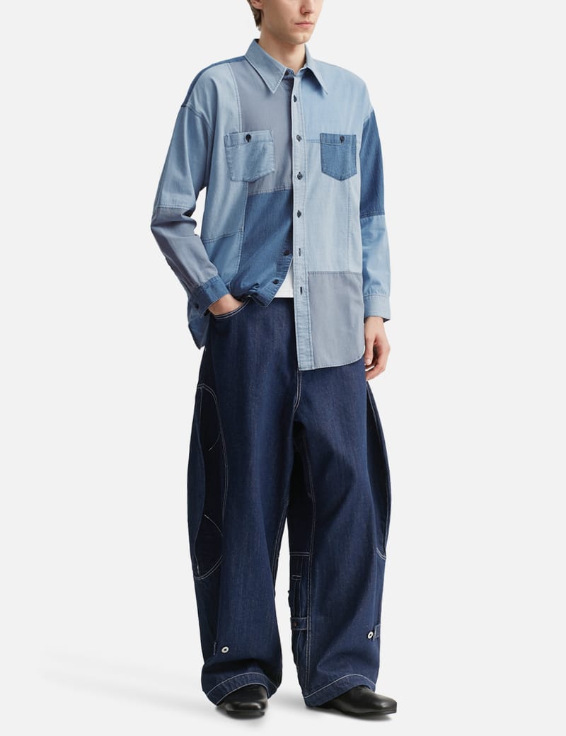 FDMTL Patchwork Shirt 3YR Wash - Indigo patchwork shirt with a