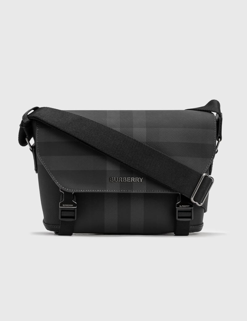 Burberry - CHARCOAL CHECK AND LEATHER SMALL MESSENGER BAG