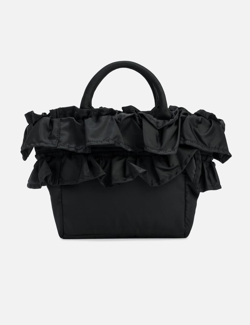 Ganni Mini Ruffle Tote - Black recycled nylon mini tote with
