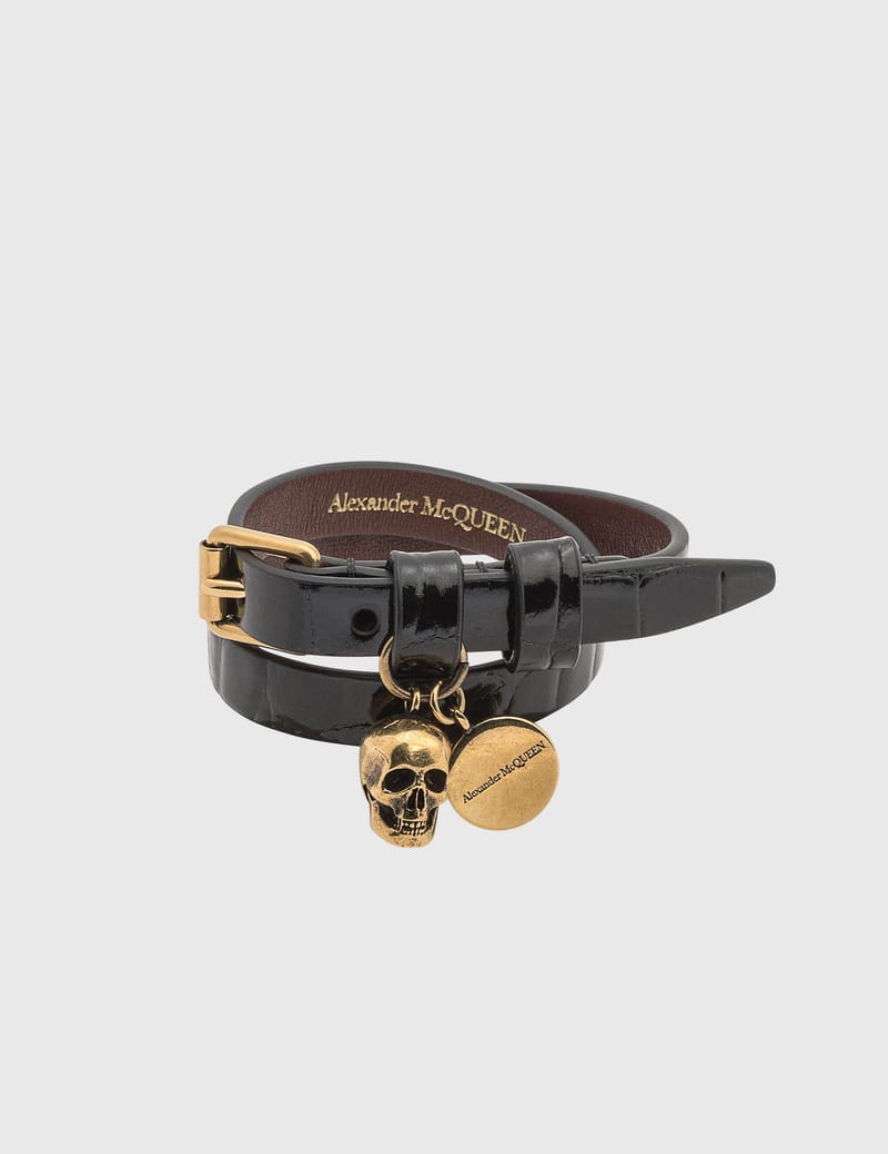 ☆ALEXANDER MCQUEEN☆ Double Wrap スカル ブレスレット Alexander McQueen - Leather Double Wrap Skull Bracelet | HBX