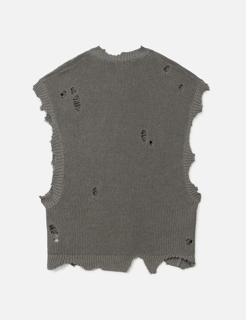 KHOKI Destroyed Knit Vest - ミリタリー風リップストップ×異素材