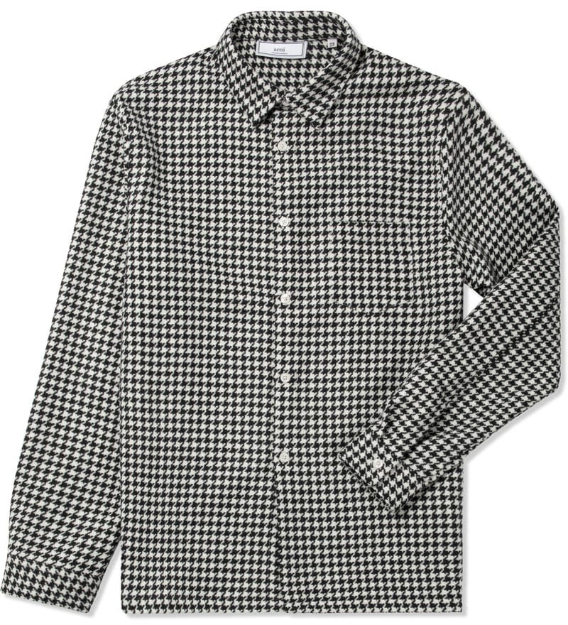 Ami - Black/White Houndstooth Wool Print L/S Shirt | HBX