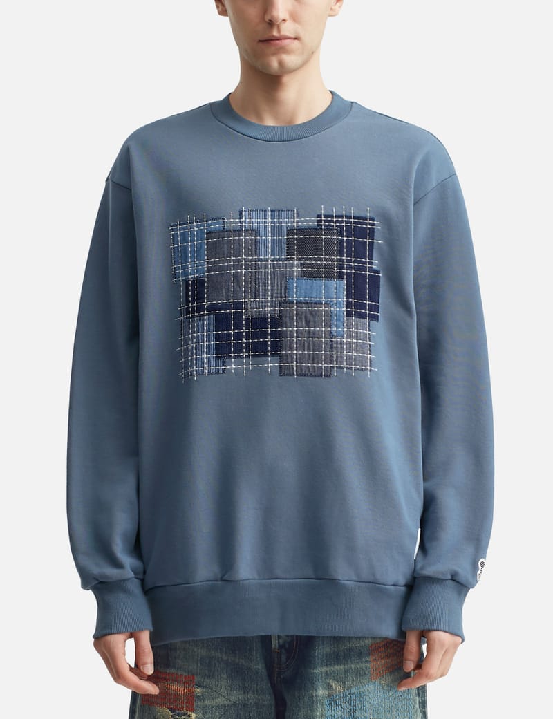 FDMTL Boro Embroidered Sweat Shirt - Japanese-made boro patchwork