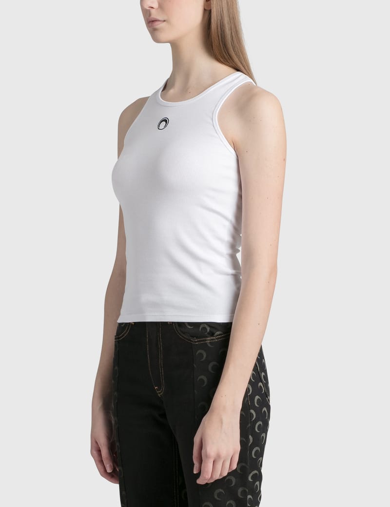 MARINE SERRE ホワイト リブタンクトップ Moon Logo Ribbed Jersey Tank Top • Marine Serre