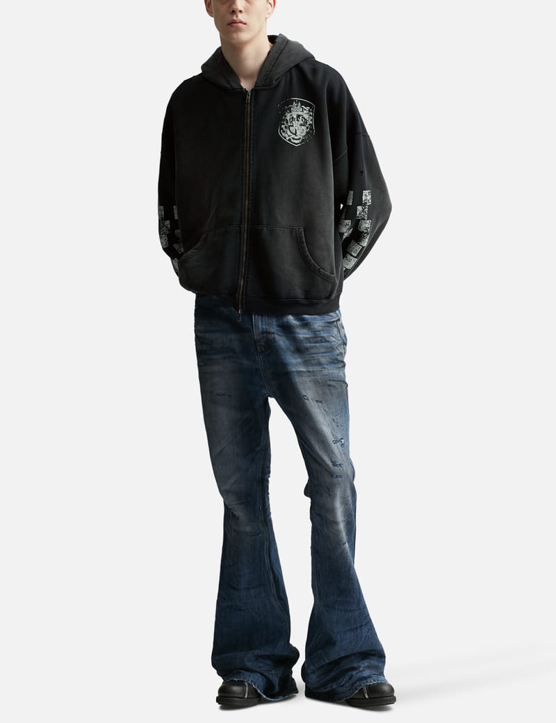 【Undermycar】Mu114 WASHED FLARE JEANS BLK Undermycar - Mud Destroyed Wide Flare Jeans | HBX - Globally