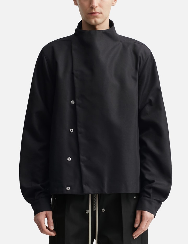 Rick Owens LMP Jacket - Black high-neck snap-front jacket with webbing ...