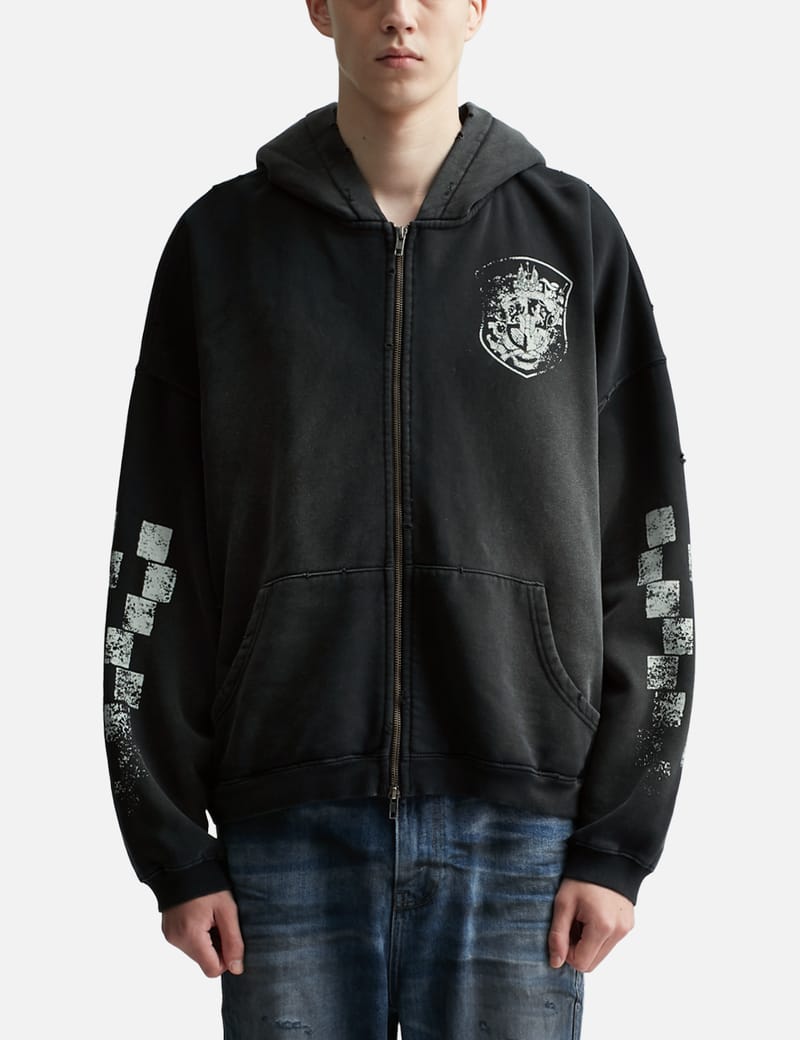 【Undermycar】25ss Vintage Poster Old Dyeing Zipped Hoodie Undermycar - Checkerboard Vintage Printing Brush Washed