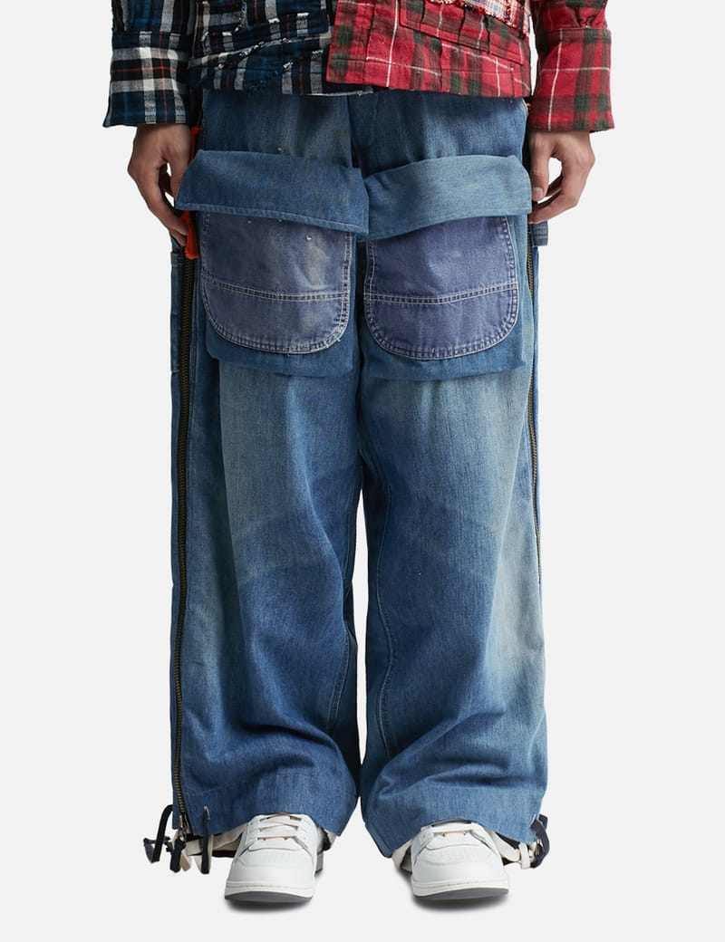 GREG LAUREN - Denim Stripe Wide Leg Zip Jeans | HBX - Globally