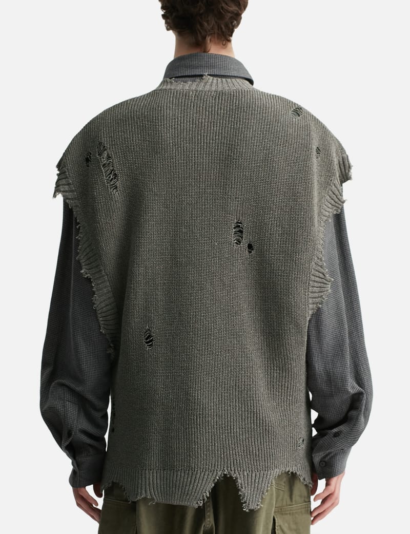 【最終値下げ】KHOKI コッキ 21ss Crying Knit ベスト KHOKI Destroyed Knit Vest - ミリタリー風リップストップ×異素材 トップス