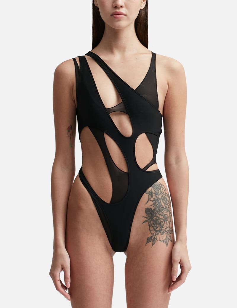 【関税込み】Mugler ブラック カットアウト ボディスーツ Muglerのブラック カットアウト ボディスーツがセール中