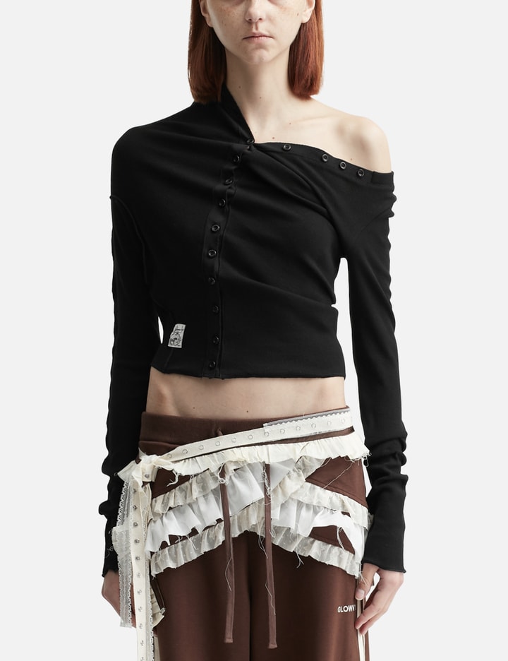 Glowny Tilt Button Long Sleeve - One-shoulder slim-fit black top | HBX