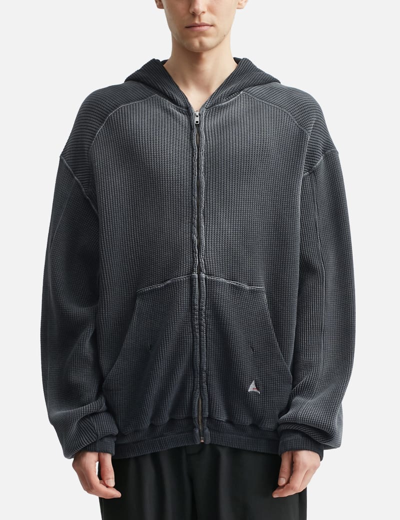 ROA ワッフル ジップアップ パーカー ブラック L ROA Bee Sun Faded Waffle Zip Up Hoodie - Boxy heavyweight waffle