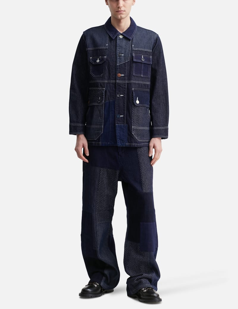 FDMTL Patchwork Wide Pants Rinse - Wide-leg indigo patchwork pants
