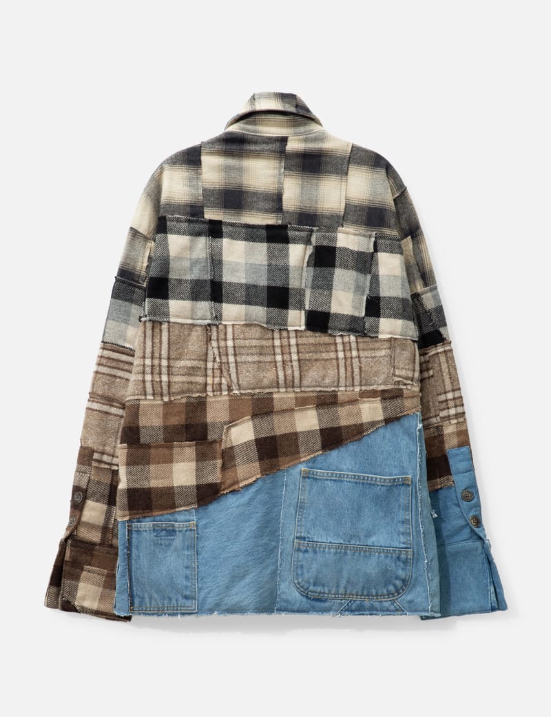 GREG LAUREN Denim-Trimmed Patchwork Checked Cotton and
