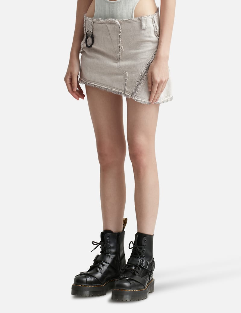 Gray Raw Edge Denim Miniskirt In Grey