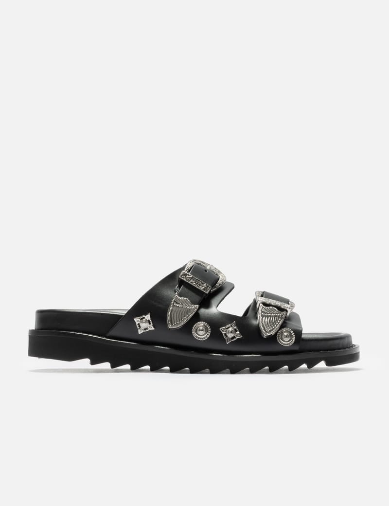 Toga Pulla Cross Strap Ballet - Black leather ballet flats with