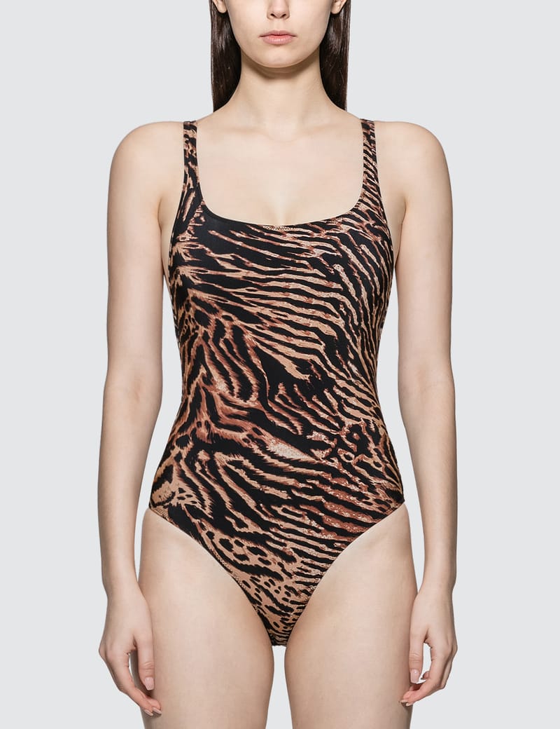 Ganni Tiger Print One Piece Swimsuit HBX Globally Curated