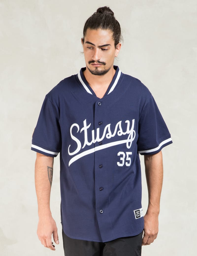 Stüssy - Navy Script Baseball Jersey | HBX - Globally Curated Fashion and  Lifestyle by Hypebeast