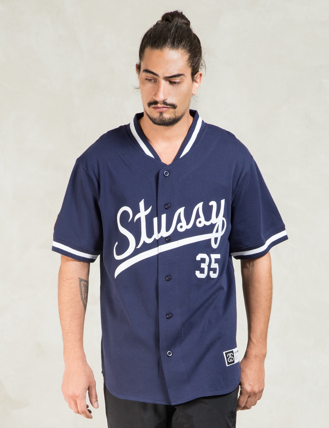 Stüssy - Navy Script Baseball Jersey | HBX - Globally Curated Fashion ...