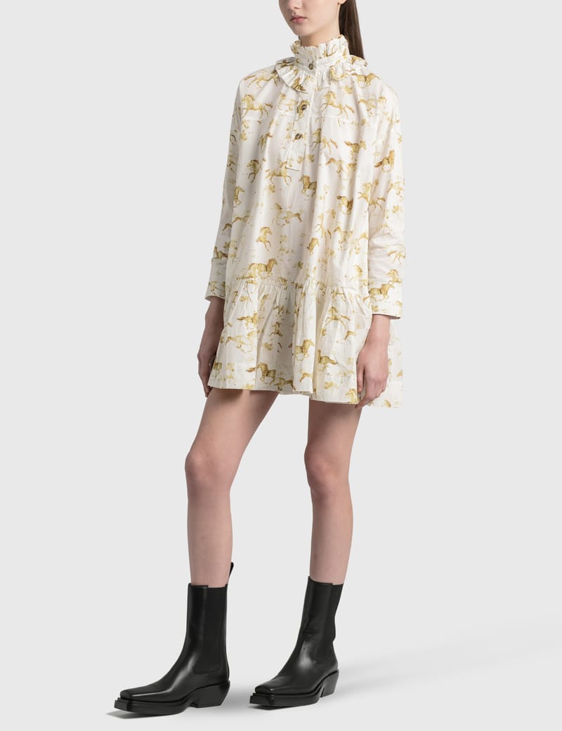 Organic Cotton Poplin Ganni Horse Print Dress Ganni Horse Printed