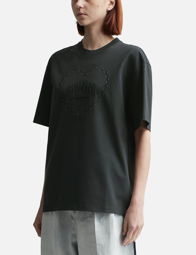 Tシャツ・カットソー Ganni Heavy Cotton Heart Small T-Shirt Black Phantom Black Heavy Cotton Drop Shoulder Heart T-shirt