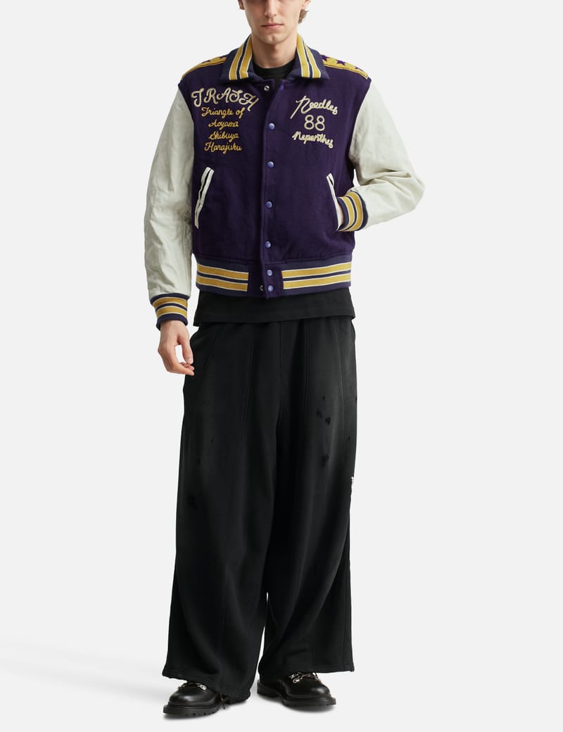 Needles Lettered Jacket - Purple melton wool varsity jacket with