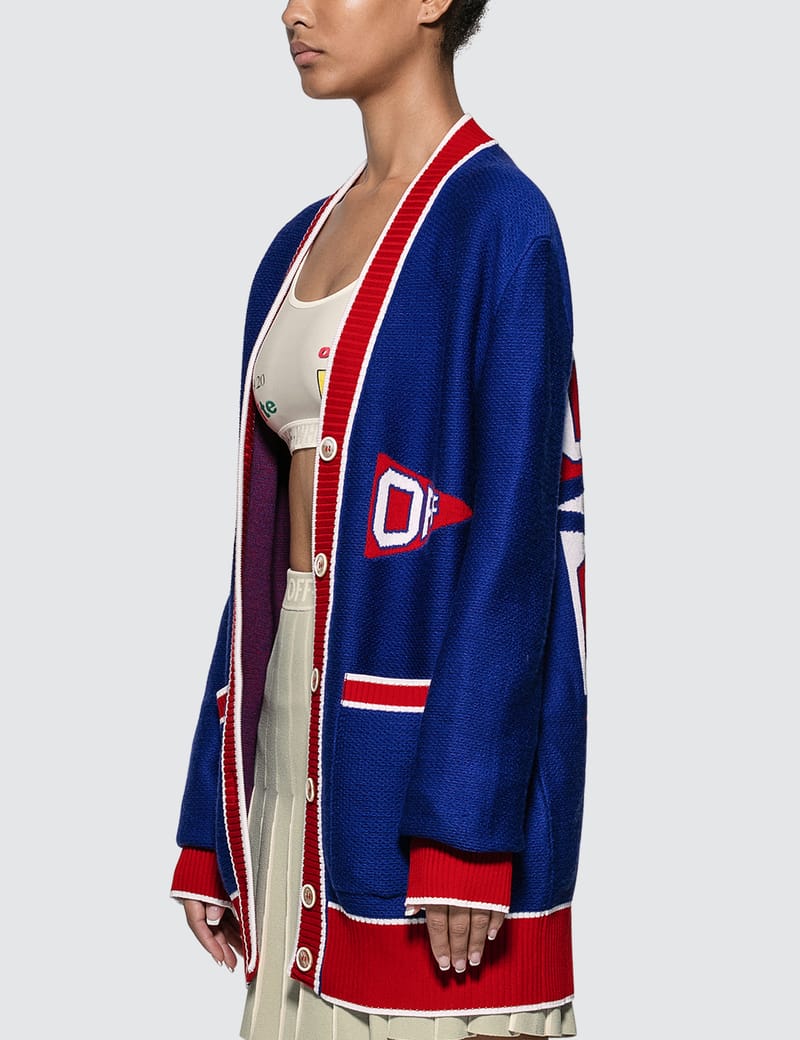 Off-White - OFF-WHITE オフホワイト 19AW Flag Logo Wool Knitted Cardigan ウールニットカーディガン レディース ブルー OWHB006E19A28075 Off-White™ - Off-White Flag Cardigan | HBX
