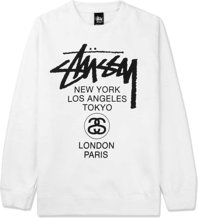 Stüssy - White World Tour Crewneck Sweater | HBX - Globally ...