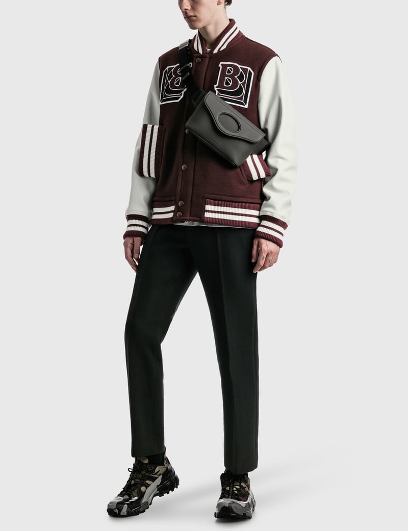 Burberry Leather Sleeve Wool Blend Varsity Jacket In Red | ModeSens